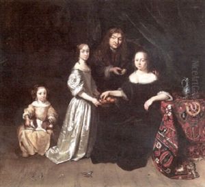 A Portrait Of A Couple And Their Two Daughters In An Interior by David van der Plas