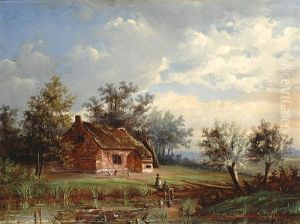 Farm By Water With Fishing Children (+ Another; 2 Works) by Laurens Plas