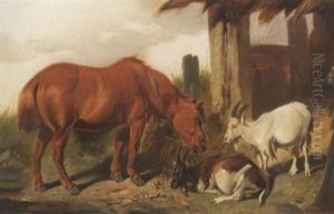 Zwei Ziegen Und Ein Pferd Vor Dem Stall by Pieter Plas