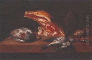 A Still Life Of Meat, Game And Songbirds Beside A Flask Of Wine On A Wooden Table