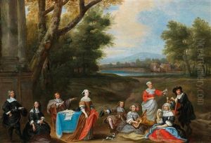 An Architect Showing Plans To A Family In Aristocratic Attire Against A Landscape Backdrop