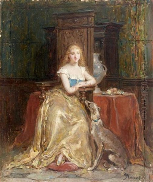 Jeune Elegante Dans Son Interieur Avec Un Levrier by Antoine Emile Plassan
