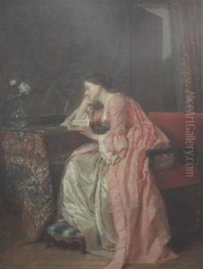 Interior With Lady Reading A Book by Antoine Emile Plassan