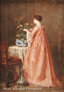 A Second Empire Interior: Woman In Pink Arranging Flowers by Antoine Emile Plassan