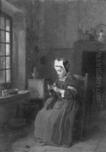 Knitting Fireside by Antoine Emile Plassan