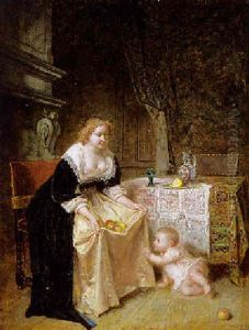 Moeder En Kind In Een Interieur by Antoine Emile Plassan