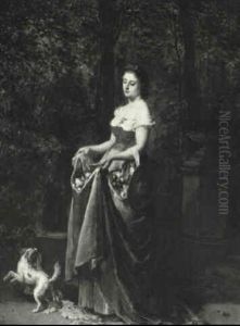 Young Girl With Roses And A Small Dog by Antoine Emile Plassan