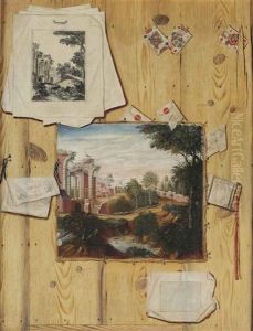 A Trompe L'oeil Of A Wooden Panelling With A Painted Canvas Of A Landscape Capriccio, A Pile Of Prints With A Repetition Of The Painted Subject... by Jacobus Plasschaert