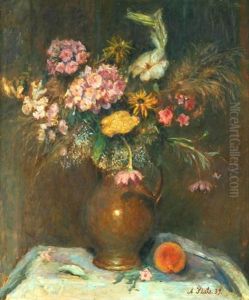 Stilleben Mit Sommerblumen In Brauner Vase Auf Tisch Mit Einem Pfirsich