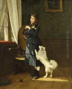 Portrait Of A Young Girl With A Cat And Dog by Hermann Plathner