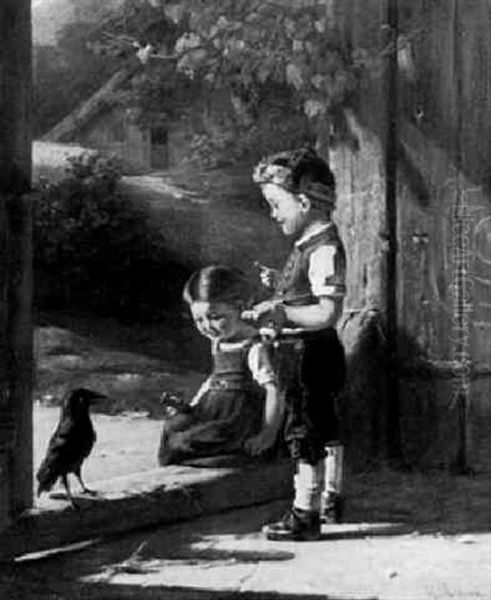 Genreszene, Zwei Kinder Fuettern Eine Dohle An Einem Scheunendurchgang - view 1