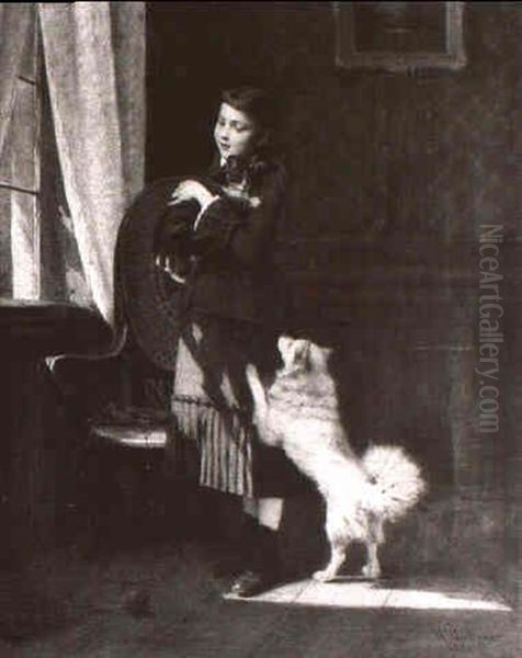 Madchen Mit Katze Und Spitz In Der Stube Am Fenster - view 1