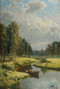 Paysage Forestier Avec Des Garcons Pechant by Semyon Sergeievich Platonov