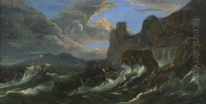 Sturmische See Mit Kenternden Segelschiffen Vor Einer Felsenkuste