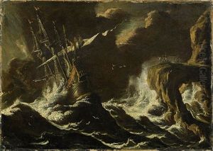Skepp Vid Stormig Kust by Matthieu Van Plattenberg