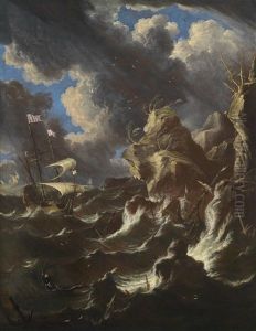 Schiffe Im Sturm An Einer Felsigen Kuste by Matthieu Van Plattenberg