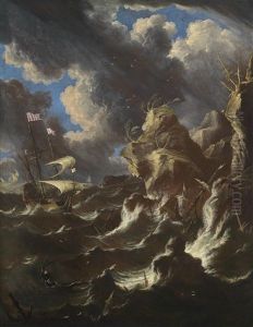 Schiffe Im Sturm An Felsiger Kuste by Matthieu Van Plattenberg