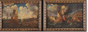 Marina Con Velieri E Astanti Presso Una Banchina Di Porto Con Borgo Turrito (il Castello Di Civitavecchia?)(+ Burrasca Presso Una Costa Mediterranea; Pair) by Matthieu Van Plattenberg