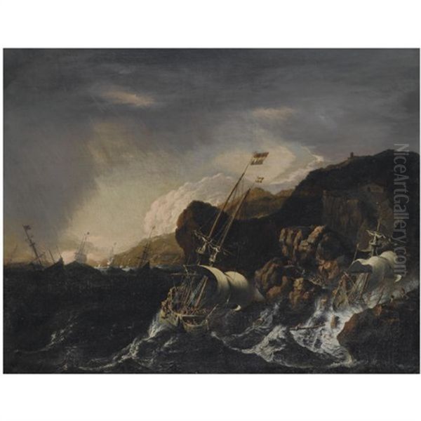 Shipping In A Heavy Storm Along A Rocky Coast, A Shipwreck In The Foreground, Figures Coming To The Rescue On The Shore - view 1
