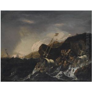 Shipping In A Heavy Storm Along A Rocky Coast, A Shipwreck In The Foreground, Figures Coming To The Rescue On The Shore by Matthieu Van Plattenberg