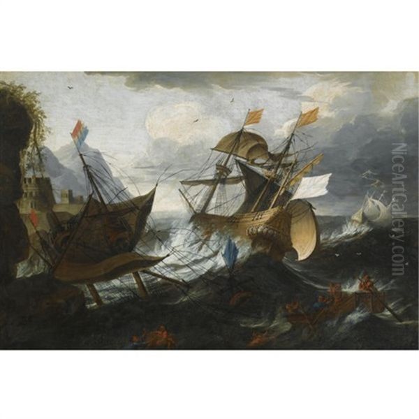 A Shipwreck Of Two Men-o'war In Heavy Storms Near A Rocky Coast With A Stronghold, Shipwrecked Figures In The Foreground - view 1