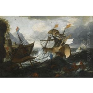 A Shipwreck Of Two Men-o'war In Heavy Storms Near A Rocky Coast With A Stronghold, Shipwrecked Figures In The Foreground by Matthieu Van Plattenberg