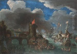 Soldiers Defending A Coastal Town From Enemy Ships by Matthieu Van Plattenberg