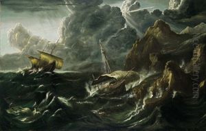 Schiffe Im Seesturm Vor Einer Felsigen Kuste