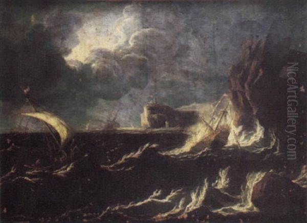 A Man O'war Being Wrecked Off A Rocky Coastline With Other Vessels In Choppy Waters Beyond - view 1