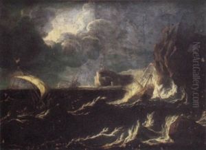 A Man O'war Being Wrecked Off A Rocky Coastline With Other Vessels In Choppy Waters Beyond A Man O'war Being Wrecked Off A Rocky Coastline With Other Vessels In Choppy Waters Beyond