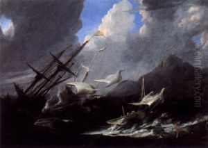 Schiffe Im Seesturm Vor Einer Felskuste by Matthieu Van Plattenberg