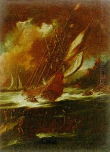 A Man-of-war In Distress In Stormy Seas Offshore