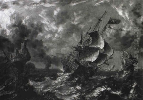 Man-of-war And Other Vessels In Choppy Seas - view 1