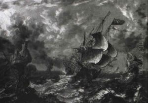 Man-of-war And Other Vessels In Choppy Seas by Matthieu Van Plattenberg