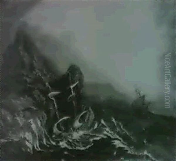 Ships Labouring In Heavy Seas Off A Rocky Shore - view 1