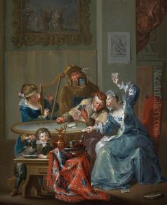 Elegant Figures At An Outdoor Concert; And Elegant Figures Playing Cards In An Interior (pair) by Johann Georg Platzer