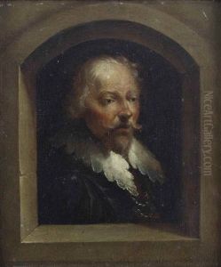 Portrait Of A Man In A Small Window, Bust-length, In A Black Coat With A White Collar