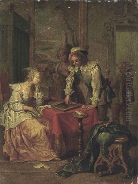 An Interior With Elegant Company Playing Tric-trac - view 1