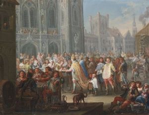 An Emperor Distributing Cakes In A Town Square by Johann Georg Platzer