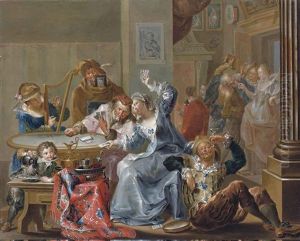 An Interior With Elegant Figures Playing Cards And Merry-making