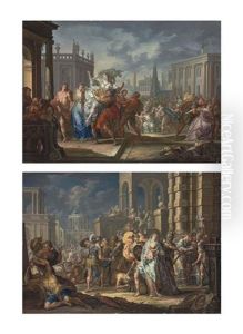 The Rape Of The Sabine Women And The Intervention Of The Sabine Women (a Pair) by Johann Georg Platzer