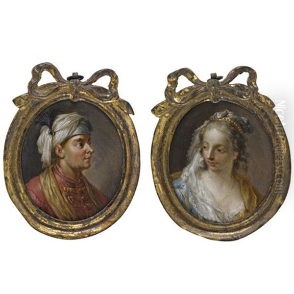 Portrait Of A Gentleman In Turkish Dress, Looking To The Right (+ Portrait Of A Lady Wearing A White Silk And Pearl Headdress, Looking To The Left; Pair) - view 1