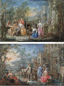 A Company Making Music In The Grounds Of A Country Villa (+ A Family Outside Their Villa With An Extensive River Landscape Beyond; Pair) by Johann Georg Platzer