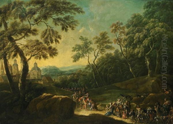 Die Begegnung Zwischen Jacob Und Esau In Einer Bewaldeten Landschaft, Im Hintergrund Eine Stadt - view 1