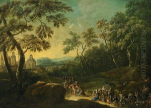 Die Begegnung Zwischen Jacob Und Esau In Einer Bewaldeten Landschaft, Im Hintergrund Eine Stadt by Johann Georg Platzer