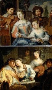 A Family Group Singing, A Man Playing An Instrument Behind (+ An Interior With A Courting Couple Seated A Table, A Maid Approaching; Pair) by Johann Georg Platzer