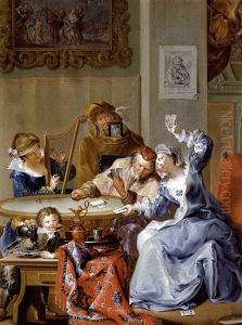 Musizierende Gesellschaft Auf Einer Schlossterrasse (+ Kartenspielendes Paar Mit Einer Harfenistin, Einem Kiebitz Und Einem Kleinen Mundschenk; Pair) Musizierende Gesellschaft Auf Einer Schlossterrasse (+ Kartenspielendes Paar Mit Einer Harfenistin, Einem Kiebitz Und Einem Kleinen Mundschenk; Pair)
