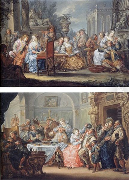 Interior With Elegant Figures In Masquerade Costume Feasting - view 1