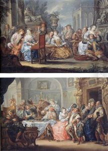 Interior With Elegant Figures In Masquerade Costume Feasting by Johann Georg Platzer