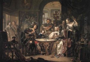 Gentleman Cheating At Cards With An Elderly Lady In A Sumptuous Interior by Johann Georg Platzer